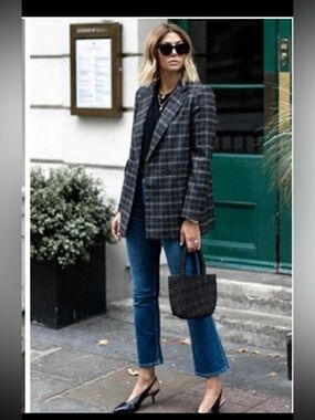 FRNCH Paris Blue Plaid Oversized Blazer Jacket size Large